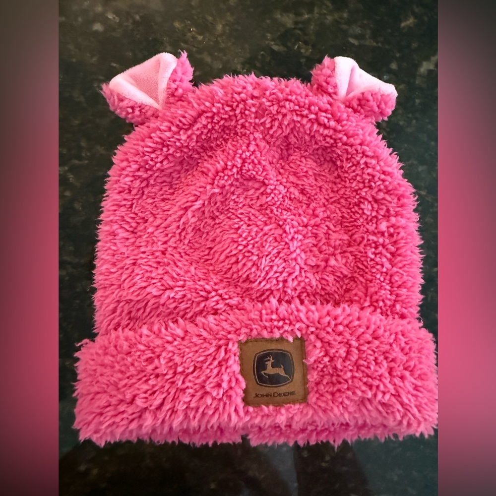 John Deere Pink Plush Toddler Winter Hat with Easr